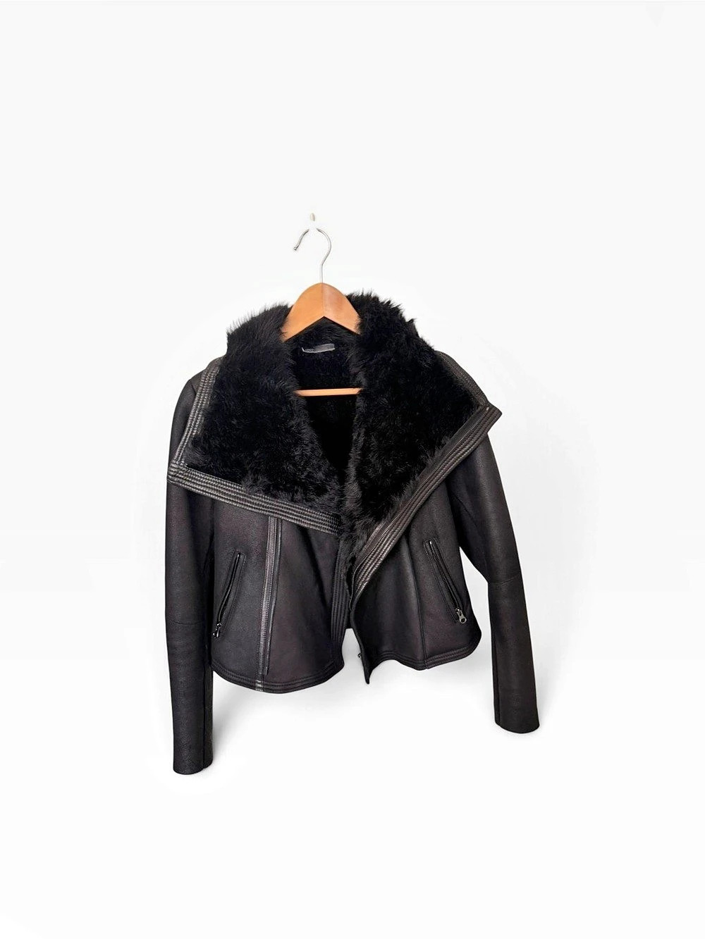 Vince Faux Fur Collar Leather Jacket in Black Like New